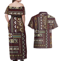 Persian Patchwork Pattern Couples Matching Off Shoulder Maxi Dress and Hawaiian Shirt Unique Brown - Wonder Print Shop