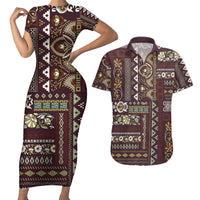 Persian Patchwork Pattern Couples Matching Short Sleeve Bodycon Dress and Hawaiian Shirt Unique Brown - Wonder Print Shop
