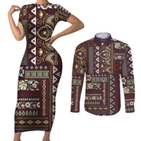Persian Patchwork Pattern Couples Matching Short Sleeve Bodycon Dress and Long Sleeve Button Shirt Unique Brown - Wonder Print Shop