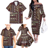Persian Patchwork Pattern Family Matching Off Shoulder Long Sleeve Dress and Hawaiian Shirt Unique Brown - Wonder Print Shop