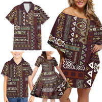 Persian Patchwork Pattern Family Matching Off Shoulder Short Dress and Hawaiian Shirt Unique Brown - Wonder Print Shop