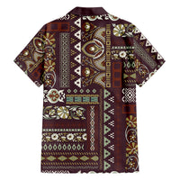 Brown patchwork Hawaiian shirt back view with floral and geometric panel pattern, short sleeves