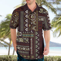 Brown patchwork Hawaiian shirt front view with floral and geometric stripes, button-up collar