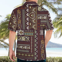Brown patchwork Hawaiian shirt back view with floral and geometric panel pattern, short sleeves