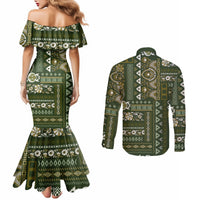 Persian Patchwork Pattern Couples Matching Mermaid Dress and Long Sleeve Button Shirt Unique Green