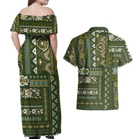 Persian Patchwork Pattern Couples Matching Off Shoulder Maxi Dress and Hawaiian Shirt Unique Green - Wonder Print Shop