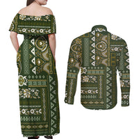 Persian Patchwork Pattern Couples Matching Off Shoulder Maxi Dress and Long Sleeve Button Shirt Unique Green - Wonder Print Shop