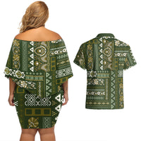 Persian Patchwork Pattern Couples Matching Off Shoulder Short Dress and Hawaiian Shirt Unique Green - Wonder Print Shop