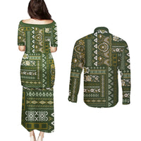 Persian Patchwork Pattern Couples Matching Puletasi and Long Sleeve Button Shirt Unique Green - Wonder Print Shop