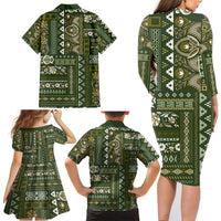 Persian Patchwork Pattern Family Matching Long Sleeve Bodycon Dress and Hawaiian Shirt Unique Green - Wonder Print Shop