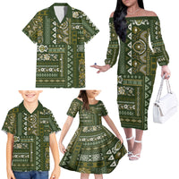 Persian Patchwork Pattern Family Matching Off Shoulder Long Sleeve Dress and Hawaiian Shirt Unique Green - Wonder Print Shop