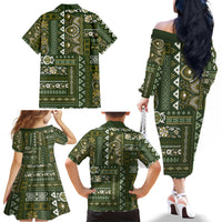 Persian Patchwork Pattern Family Matching Off Shoulder Long Sleeve Dress and Hawaiian Shirt Unique Green - Wonder Print Shop
