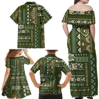 Persian Patchwork Pattern Family Matching Off Shoulder Maxi Dress and Hawaiian Shirt Unique Green - Wonder Print Shop