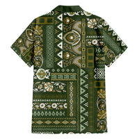 Green patchwork Hawaiian shirt back view, short-sleeve button-up with notched collar