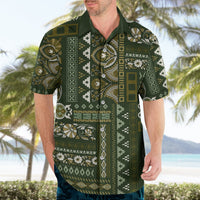 Green patchwork Hawaiian shirt worn on model, short sleeves and button-up front