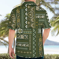 Green patchwork Hawaiian shirt worn on model, back view with short sleeves