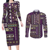 Persian Patchwork Pattern Couples Matching Long Sleeve Bodycon Dress and Long Sleeve Button Shirt Unique Purple - Wonder Print Shop