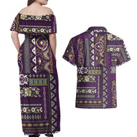 Persian Patchwork Pattern Couples Matching Off Shoulder Maxi Dress and Hawaiian Shirt Unique Purple - Wonder Print Shop