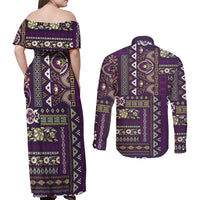 Persian Patchwork Pattern Couples Matching Off Shoulder Maxi Dress and Long Sleeve Button Shirt Unique Purple - Wonder Print Shop