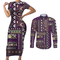 Persian Patchwork Pattern Couples Matching Short Sleeve Bodycon Dress and Long Sleeve Button Shirt Unique Purple - Wonder Print Shop