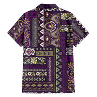 Purple patchwork patterned Hawaiian shirt, back view, short-sleeve button-up.