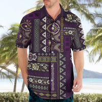 Purple patchwork Hawaiian shirt on-model, short sleeves and button-up collar.