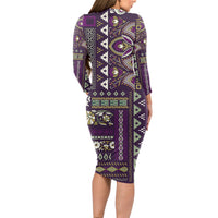 Persian Patchwork Pattern Long Sleeve Bodycon Dress Unique Purple - Wonder Print Shop