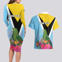 Personalized Saint Lucia Independence Day Couples Matching Long Sleeve Bodycon Dress and Hawaiian Shirt Tropical Amazona Versicolor