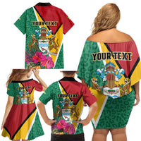 Personalized Guyana Family Matching Off Shoulder Short Dress and Hawaiian Shirt Jaguar Tropical Flowers