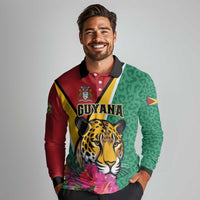 Personalized Guyana Long Sleeve Polo Shirt Jaguar Tropical Flowers