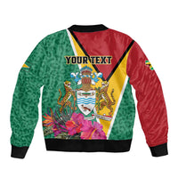 Personalized Guyana Sleeve Zip Bomber Jacket Jaguar Tropical Flowers - Wonder Print Shop