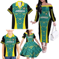Custom Jamaica Football Family Matching Off The Shoulder Long Sleeve Dress and Hawaiian Shirt We Believe Reggae Boyz