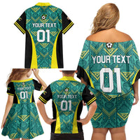 Custom Jamaica Football Family Matching Off Shoulder Short Dress and Hawaiian Shirt We Believe Reggae Boyz