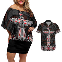 Canada Haida Totem Couples Matching Off Shoulder Short Dress and Hawaiian Shirt Haida Spirit