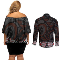 Canada Haida Totem Couples Matching Off Shoulder Short Dress and Long Sleeve Button Shirt Haida Spirit