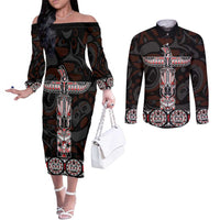 Canada Haida Totem Couples Matching Off The Shoulder Long Sleeve Dress and Long Sleeve Button Shirt Haida Spirit