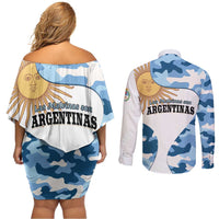 Argentina Malvinas Day Couples Matching Off Shoulder Short Dress and Long Sleeve Button Shirt Las Malvinas Son Argentinas