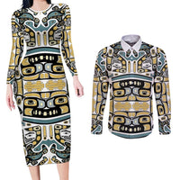 Canada Chilkat Pattern Couples Matching Long Sleeve Bodycon Dress and Long Sleeve Button Shirt Haida Spirit