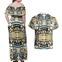 Canada Chilkat Pattern Couples Matching Off Shoulder Maxi Dress and Hawaiian Shirt Haida Spirit