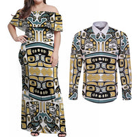 Canada Chilkat Pattern Couples Matching Off Shoulder Maxi Dress and Long Sleeve Button Shirt Haida Spirit