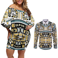 Canada Chilkat Pattern Couples Matching Off Shoulder Short Dress and Long Sleeve Button Shirt Haida Spirit