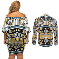 Canada Chilkat Pattern Couples Matching Off Shoulder Short Dress and Long Sleeve Button Shirt Haida Spirit
