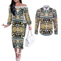Canada Chilkat Pattern Couples Matching Off The Shoulder Long Sleeve Dress and Long Sleeve Button Shirt Haida Spirit