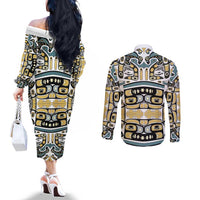 Canada Chilkat Pattern Couples Matching Off The Shoulder Long Sleeve Dress and Long Sleeve Button Shirt Haida Spirit