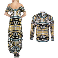 Canada Chilkat Pattern Couples Matching Summer Maxi Dress and Long Sleeve Button Shirt Haida Spirit