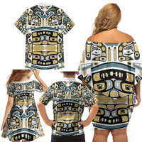 Canada Chilkat Pattern Family Matching Off Shoulder Short Dress and Hawaiian Shirt Haida Spirit
