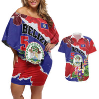 Personalised Belize 501 Tropical Black Orchid Couples Matching Off Shoulder Short Dress and Hawaiian Shirt Grunge Stylized