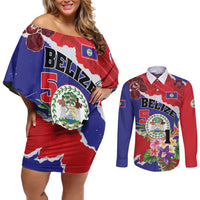 Personalised Belize 501 Tropical Black Orchid Couples Matching Off Shoulder Short Dress and Long Sleeve Button Shirt Grunge Stylized