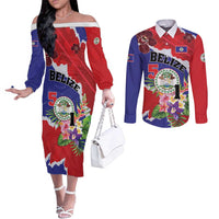 Personalised Belize 501 Tropical Black Orchid Couples Matching Off The Shoulder Long Sleeve Dress and Long Sleeve Button Shirt Grunge Stylized