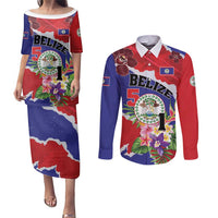 Personalised Belize 501 Tropical Black Orchid Couples Matching Puletasi and Long Sleeve Button Shirt Grunge Stylized
